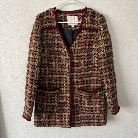 Anthropologie ett:twa Women’s Sz XS Tan Tweed Blazer Jacket Multicolor Harlequin - Picture 1 of 8